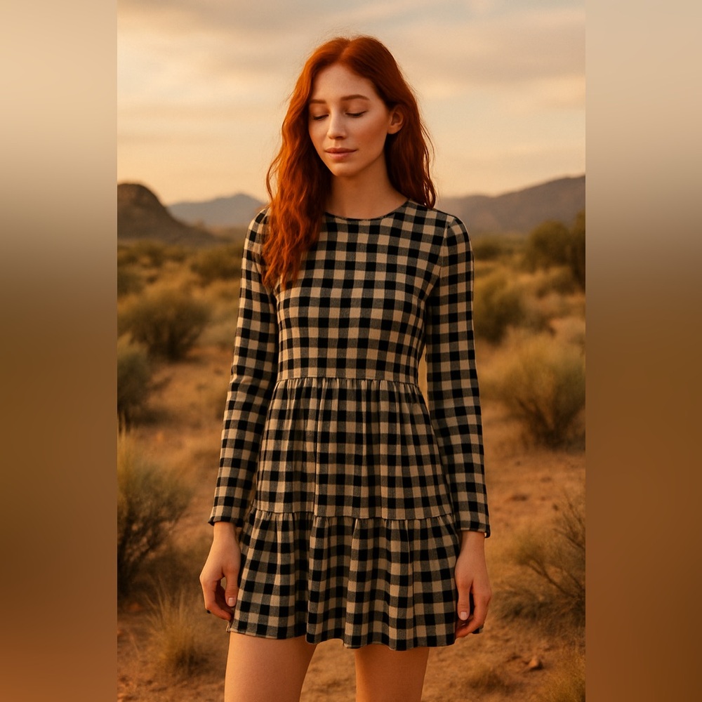 ZARA Trafaluc Black & White Gingham Long Sleeve Mini Dress – Size M